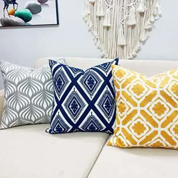 Slow Cow Embroidery Cushion Cover Decorative Throw Pillow Cover Geometric Invisible Zipper Pillow Cover for Living Room 18 x18 Inch Navy Blue