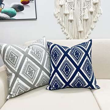 Slow Cow Embroidery Cushion Cover Decorative Throw Pillow Cover Geometric Invisible Zipper Pillow Cover for Living Room 18 x18 Inch Navy Blue