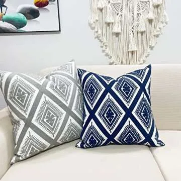 Slow Cow Embroidery Cushion Cover Decorative Throw Pillow Cover Geometric Invisible Zipper Pillow Cover for Living Room 18 x18 Inch Navy Blue