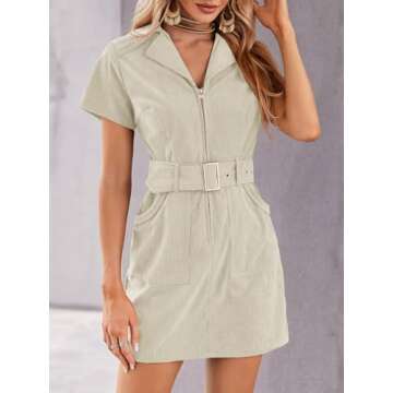 Women's Corduroy Mini Dress Short Sleeve Lapel Zip Up Belted Cowgirl Dresses with Pockets Khaki