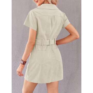 Women's Corduroy Mini Dress Short Sleeve Lapel Zip Up Belted Cowgirl Dresses with Pockets Khaki