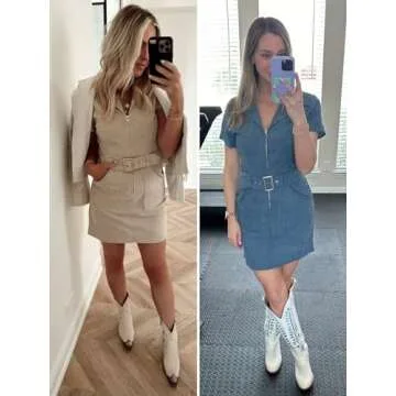 Women's Corduroy Mini Dress Short Sleeve Lapel Zip Up Belted Cowgirl Dresses with Pockets Khaki