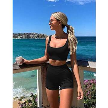 Women's Workout 2 Piece Outfits High Waist Running Shorts Seamless Gym Yoga Crop Top Sets Black S