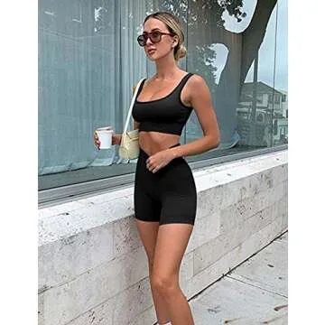 Women's Workout 2 Piece Outfits High Waist Running Shorts Seamless Gym Yoga Crop Top Sets Black S