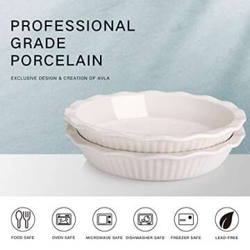 AVLA Ceramic Pie Dish for Baking, 9 Inches/ 47OZ Pie Pan Pie Plate Round Baking Dish Pan with Ruffled Edge for Kitchen Cooking Dessert Dinner, White, Set of 2