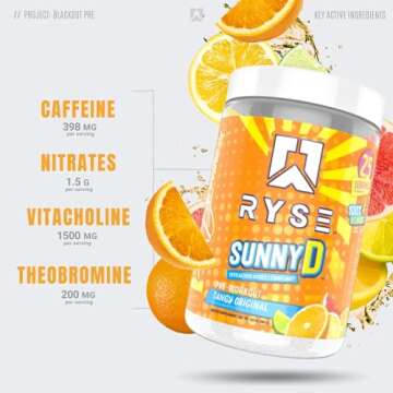 RYSE Project Blackout Pre Workout | Pump, Energy, Strength | Caffeine, Vitacholine, Nitrates, and Theobromine | 25 Servings (Sunny D Tangy Original) SERVINGS BASED ON WEIGHT NOT VOLUME