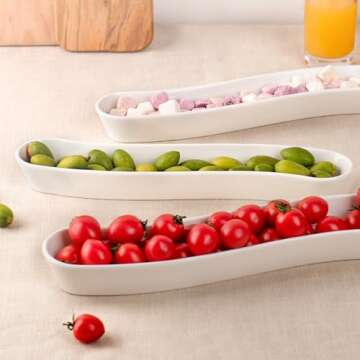 3-Pack Olive Plates-Versatile Ceramic Olive Tray for Snacks, Appetizers Platter-Long Arc Shape Boat ...