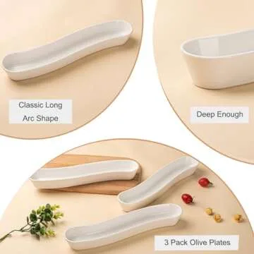 3-Pack Olive Plates-Versatile Ceramic Olive Tray for Snacks, Appetizers Platter-Long Arc Shape Boat Restaurantware for Entertaining and Displaying Appetizers-Dishwasher & Microwave Safe (12 inches)