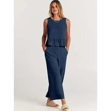 ANRABESS Women Summer 2 Piece Outfits Sleeveless Tank Crop Top Wide Leg Pants Linen Jumpsuits Lounge Matching Beach Sets Navy Blue Small