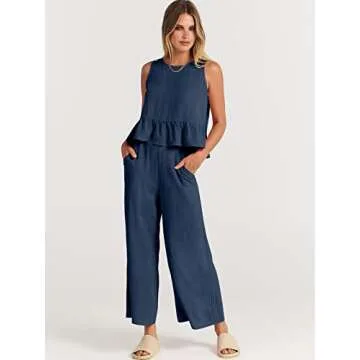 ANRABESS Women Summer 2 Piece Outfits Sleeveless Tank Crop Top Wide Leg Pants Linen Jumpsuits Lounge Matching Beach Sets Navy Blue Small