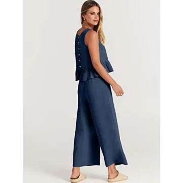ANRABESS Women Summer 2 Piece Outfits Sleeveless Tank Crop Top Wide Leg Pants Linen Jumpsuits Lounge Matching Beach Sets Navy Blue Small