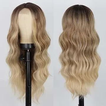 AISI QUEENS Long Blonde Wigs for Women Ombre Blonde Wavy Synthetic Curly Hair Wigs Natural Looking M...