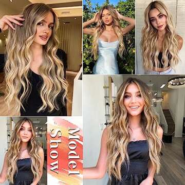 AISI QUEENS Long Blonde Wigs for Women Ombre Blonde Wavy Synthetic Curly Hair Wigs Natural Looking Middle Part Heat Resistant Fibre for Daily Party Use 24 Inch