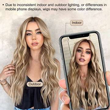 AISI QUEENS Long Blonde Wigs for Women Ombre Blonde Wavy Synthetic Curly Hair Wigs Natural Looking Middle Part Heat Resistant Fibre for Daily Party Use 24 Inch