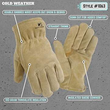 Leather Winter Work Gloves, 100-gram Thinsulate Insulation, Split Cowhide, XX-Large (Wells Lamont 1063XX)