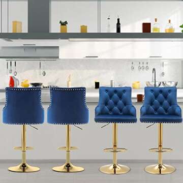 Bar Stool Set of 2 Velvet Adjustable with Tufted Backrest, Counter Height Swivel Stool Upholstered M...