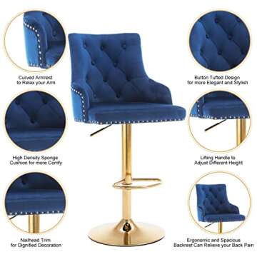 Elegant Velvet Adjustable Bar Stool Set - Swivel Design for Comfort