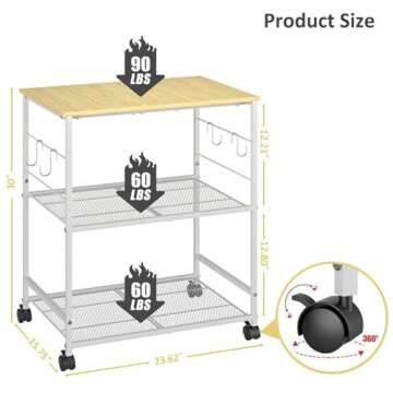 ThreeHio 3-Tier Rolling Kitchen Microwave Cart Organizer