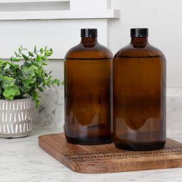 Cornucopia 32-Ounce Amber Kombucha Growler Bottles, 4-Pack, 1 Quart Boston Round Glass Bottles with ...