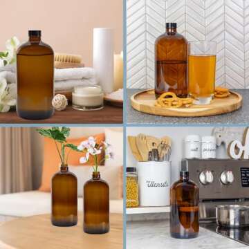 Cornucopia 32-Ounce Amber Kombucha Growler Bottles, 4-Pack, 1 Quart Boston Round Glass Bottles with 6 Polycone Phenolic Lids for Home Brewing