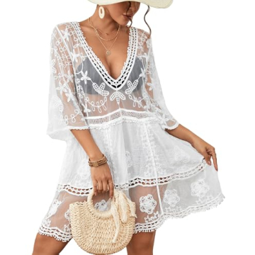 Bsubseach Women Lace Swimsuit Cover Up Bathing Suit Coverups V-Neck Swimsuit Hollow Out Beach Dress ...