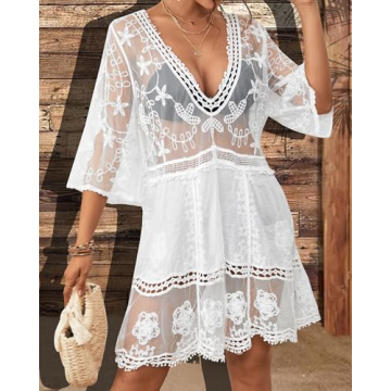 Bsubseach Women Lace Swimsuit Cover Up Bathing Suit Coverups V-Neck Swimsuit Hollow Out Beach Dress White
