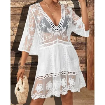 Bsubseach Women Lace Swimsuit Cover Up Bathing Suit Coverups V-Neck Swimsuit Hollow Out Beach Dress White