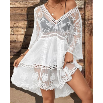 Bsubseach Women Lace Swimsuit Cover Up Bathing Suit Coverups V-Neck Swimsuit Hollow Out Beach Dress White