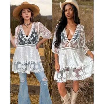 Bsubseach Women Lace Swimsuit Cover Up Bathing Suit Coverups V-Neck Swimsuit Hollow Out Beach Dress White