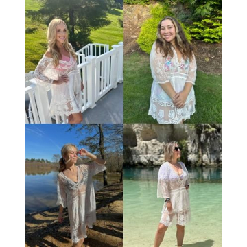 Bsubseach Women Lace Swimsuit Cover Up Bathing Suit Coverups V-Neck Swimsuit Hollow Out Beach Dress White