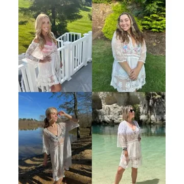 Bsubseach Women Lace Swimsuit Cover Up Bathing Suit Coverups V-Neck Swimsuit Hollow Out Beach Dress White
