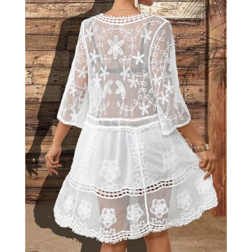 Bsubseach Women Lace Swimsuit Cover Up Bathing Suit Coverups V-Neck Swimsuit Hollow Out Beach Dress White