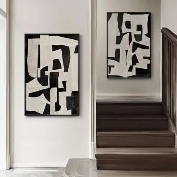 Large Framed Black and White Abstract Wall Art for Living Room, Set of 2 Piece Minimalist Canvas Pai...