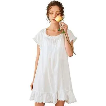 Nanxson Womens' Cotton Nightgown Short Sleeve Sleepwear Vintage Victorian Nightshirt Lounge Dress (Small, White)