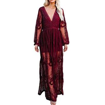 amropi Womens Deep V Neck Short Sleeve Floral Lace Dress Long Bridesmaid Maxi Dresses Burgundy-0,M