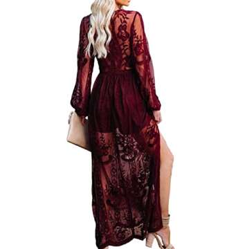 amropi Womens Deep V Neck Short Sleeve Floral Lace Dress Long Bridesmaid Maxi Dresses Burgundy-0,M
