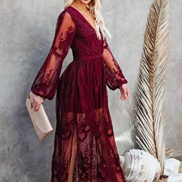 amropi Womens Deep V Neck Short Sleeve Floral Lace Dress Long Bridesmaid Maxi Dresses Burgundy-0,M