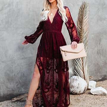 amropi Womens Deep V Neck Short Sleeve Floral Lace Dress Long Bridesmaid Maxi Dresses Burgundy-0,M