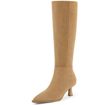 MUCCCUTE Knee High Boots for Women Suede Boots Tan Kitten Heel Pointed Toe Tall Long Boots Comfort F...