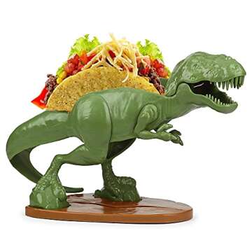 Dinosaur Taco Holders - T-Rex Premium Novelty Taco Stand and Set of 4 Dino Flat Fold Stands