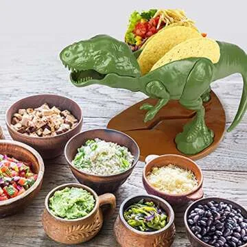 Dinosaur Taco Holders - T-Rex Premium Novelty Taco Stand and Set of 4 Dino Flat Fold Stands