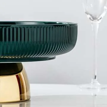 CCATSIX Ceramic Fruit Bowl, 11 Inch Dinner Table and Tea Coffee Pedestal Tray，Elegant and Practical Bread and Fruit Footed Bowls, Salad or Dessert Display Trays for Parties(Green).