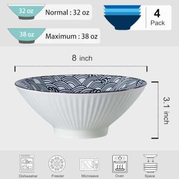 Dyware 38 oz Japanese Ramen Bowls Set of 4, Large Pho Bowls, 8 Inch Ceramic Blue and White Soup Bowl...