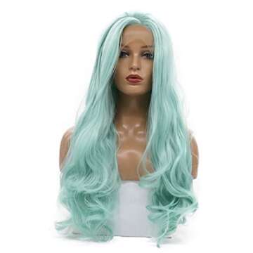 karissa Hair Green Wig Long Wavy Mint Lace Front Wigs Pastel Light Blue Synthetic Realistic Pre Plucked Hairline Glueless Heat Resistant Fiber Replacement Halloween Costume Cosplay Party 24 Inches