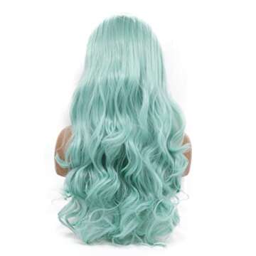 karissa Hair Green Wig Long Wavy Mint Lace Front Wigs Pastel Light Blue Synthetic Realistic Pre Plucked Hairline Glueless Heat Resistant Fiber Replacement Halloween Costume Cosplay Party 24 Inches