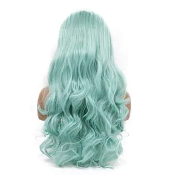 karissa Hair Green Wig Long Wavy Mint Lace Front Wigs Pastel Light Blue Synthetic Realistic Pre Plucked Hairline Glueless Heat Resistant Fiber Replacement Halloween Costume Cosplay Party 24 Inches