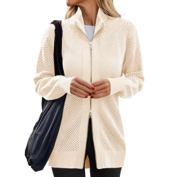 Cozy Women's Oversized Turtleneck Zip-Up Cardigan - Soft Mesh Knit