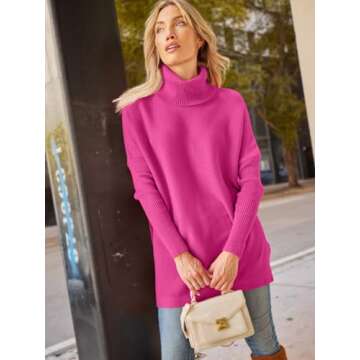 LILLUSORY Oversized Turtleneck Pullover Sweaters Womens 2024 Long Tunic Sweater Winter Trendy Casual Poncho Cowl Neck Cute Tops Dress Fall Fashion Clothes Outfits Clothing Rose Red