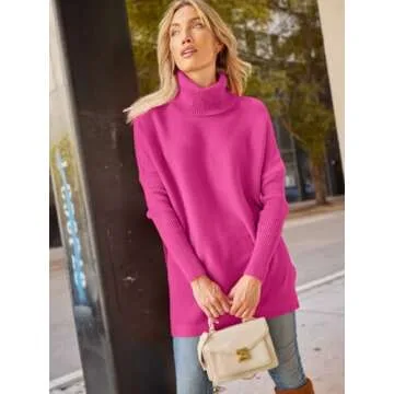 LILLUSORY Oversized Turtleneck Pullover Sweaters Womens 2024 Long Tunic Sweater Winter Trendy Casual Poncho Cowl Neck Cute Tops Dress Fall Fashion Clothes Outfits Clothing Rose Red