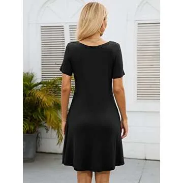 KORSIS Summer Dresses for Women Black Medium Casual T Shirt Dresses Short Sleeve Swing Flowy Ladies Funeral Beach Vacation Sundress with Pockets